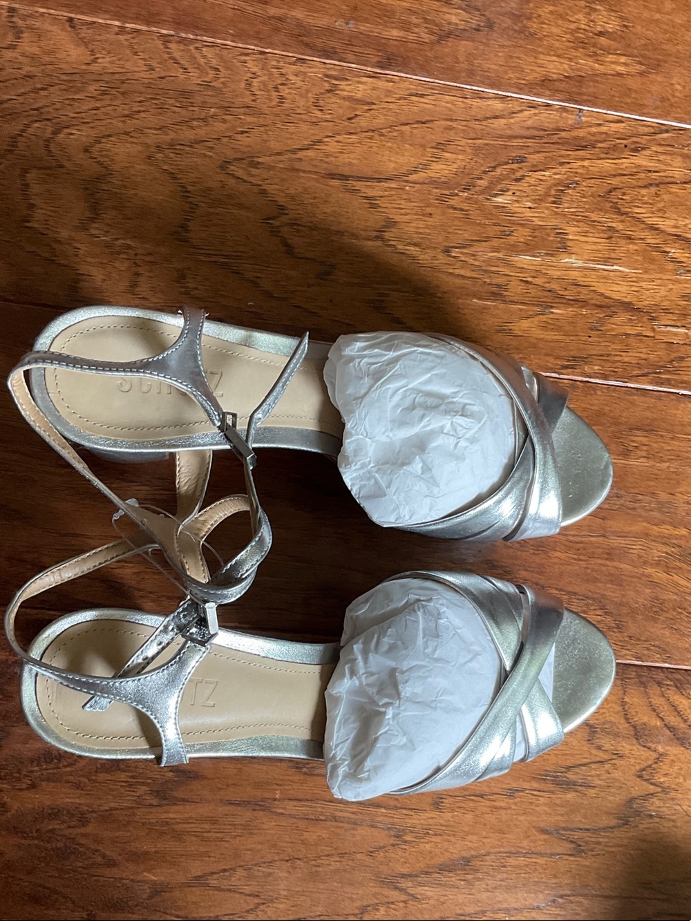 SCHUTZ Silver Metallic Strappy Open-Toe Heels